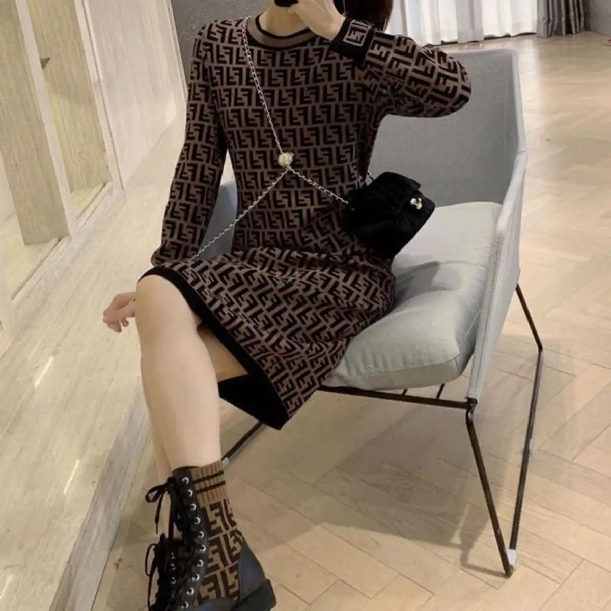 New French style slim knitted dress women's clothing