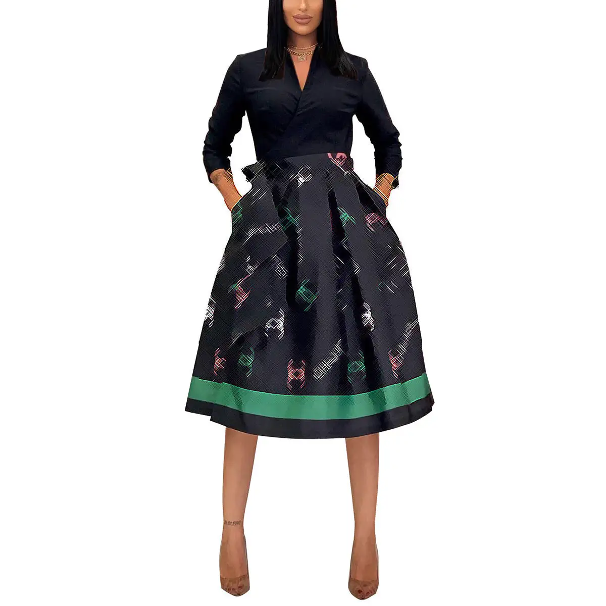 New Fashion Pleated High Elastic Waist Mid Length Swing Skirt