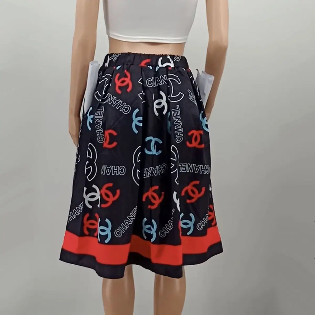 New Fashion Pleated High Elastic Waist Mid Length Swing Skirt