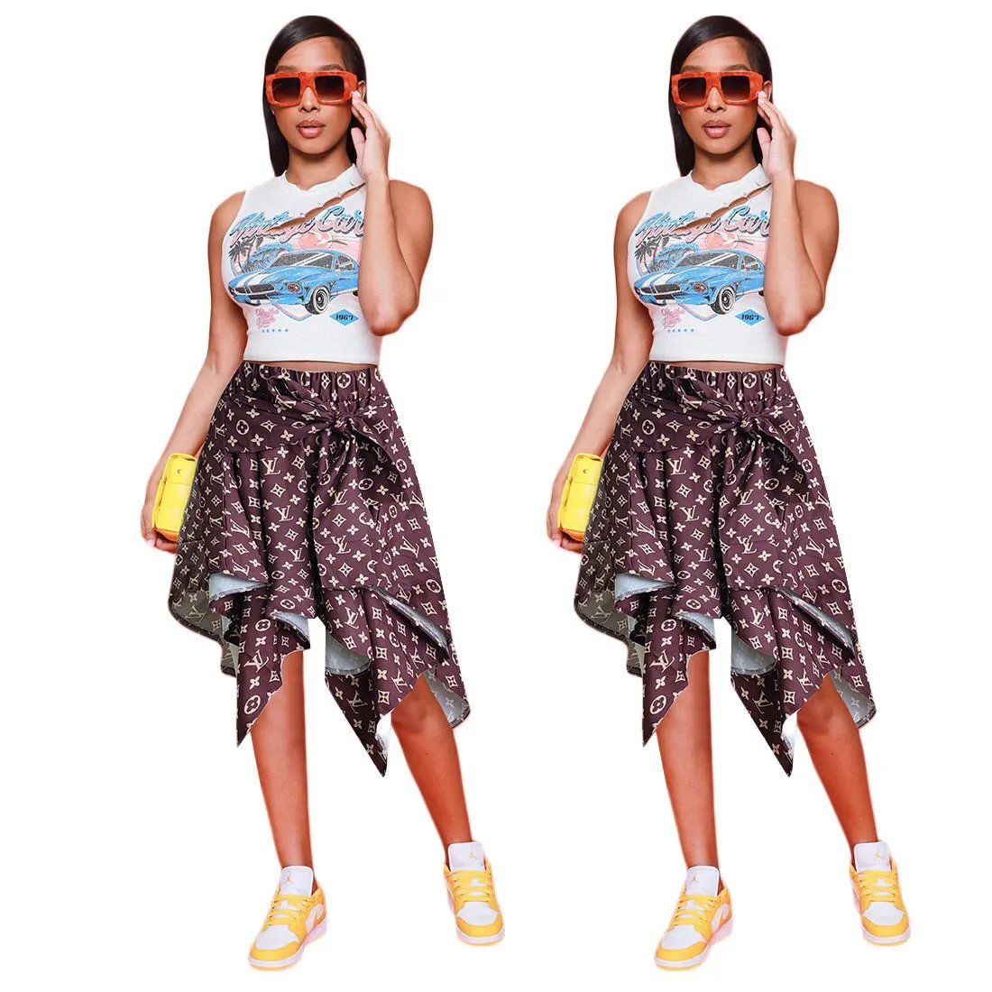 Fashion casual plaid tied sleeve fake shirt skirt