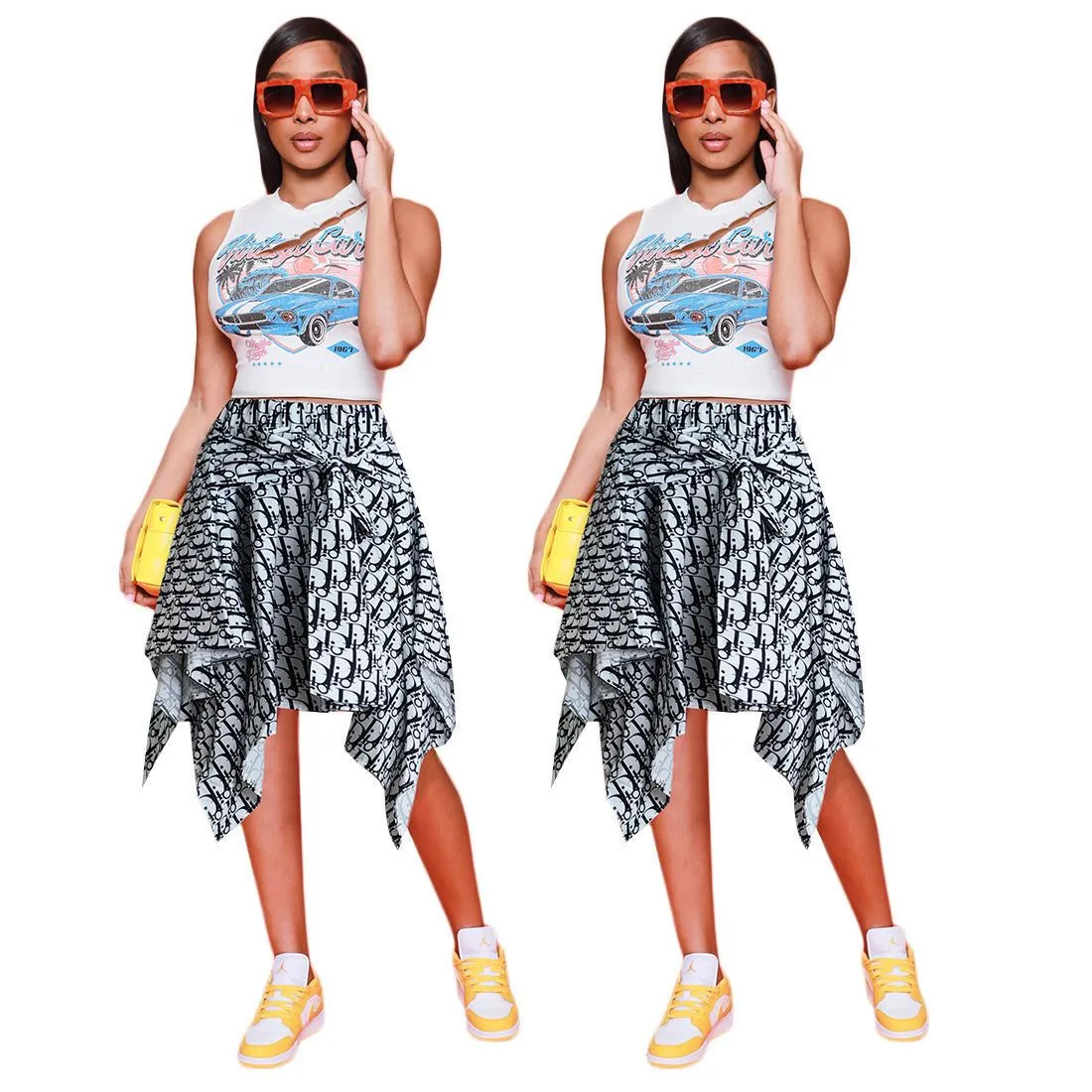 Fashion casual plaid tied sleeve fake shirt skirt