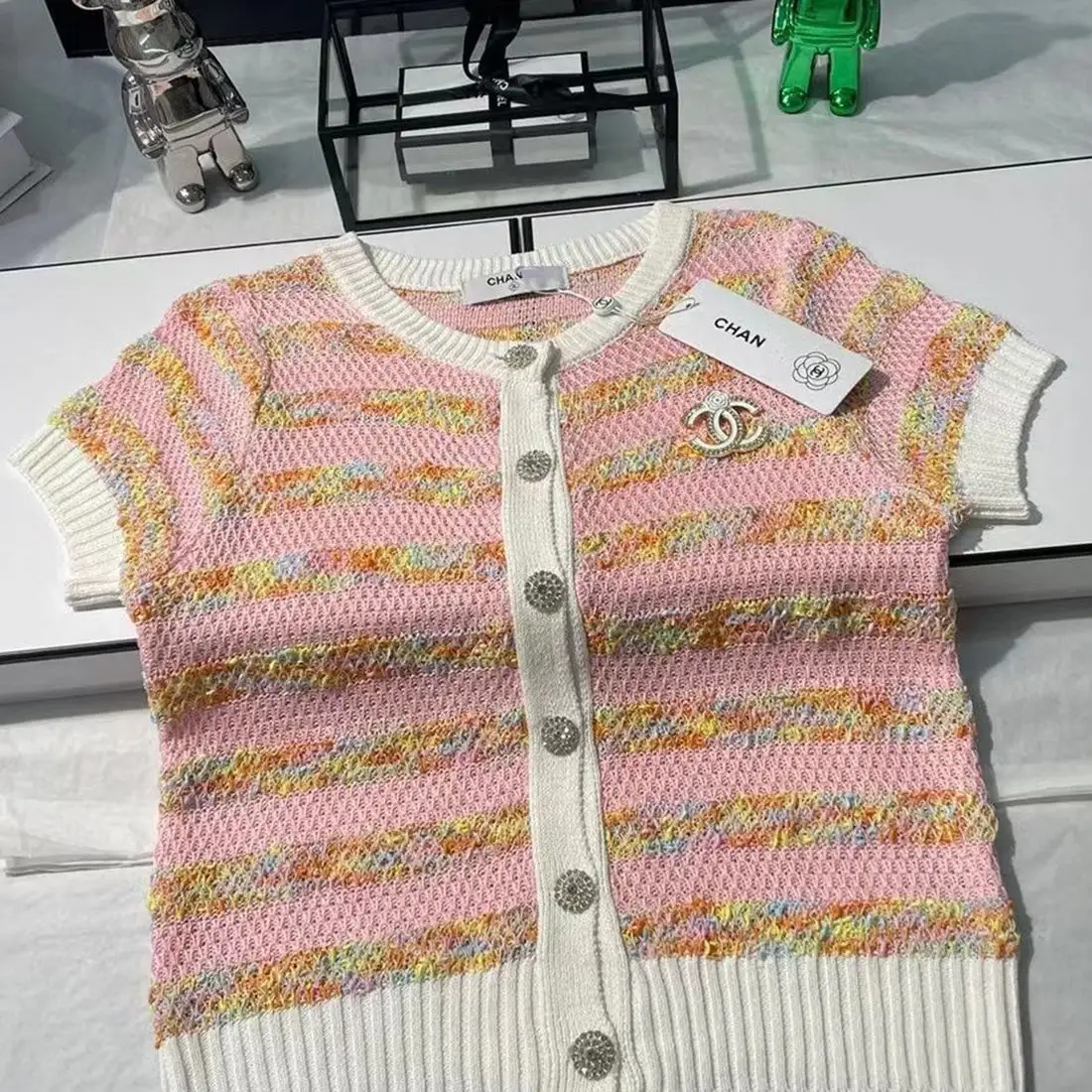 Fashion color block custom diamond button knitted short sleeves