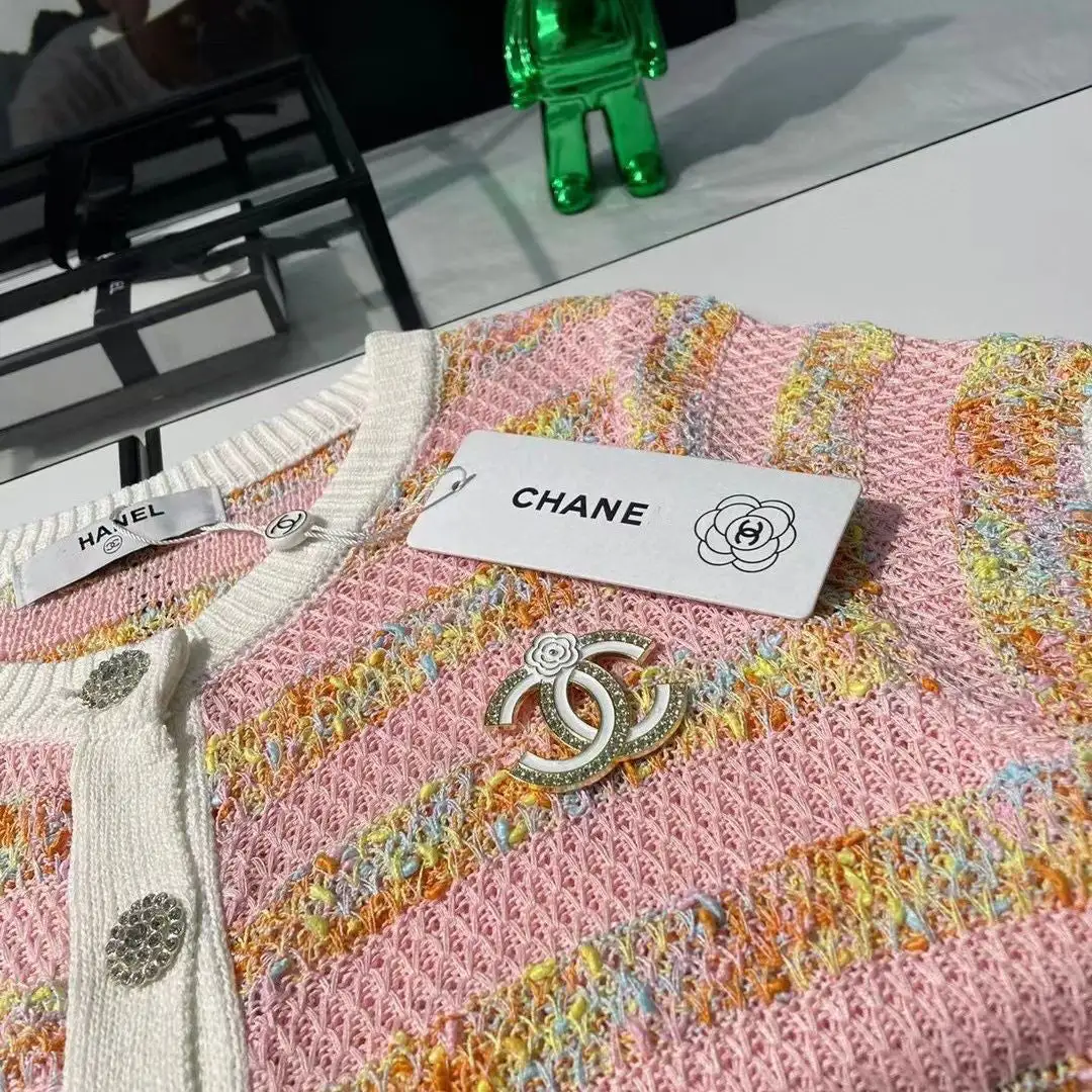 Fashion color block custom diamond button knitted short sleeves