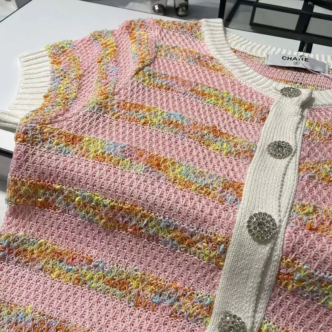 Fashion color block custom diamond button knitted short sleeves