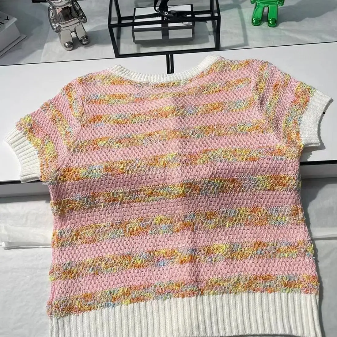 Fashion color block custom diamond button knitted short sleeves