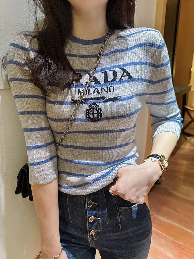 New Slim Blue Gray Striped Short Sleeves