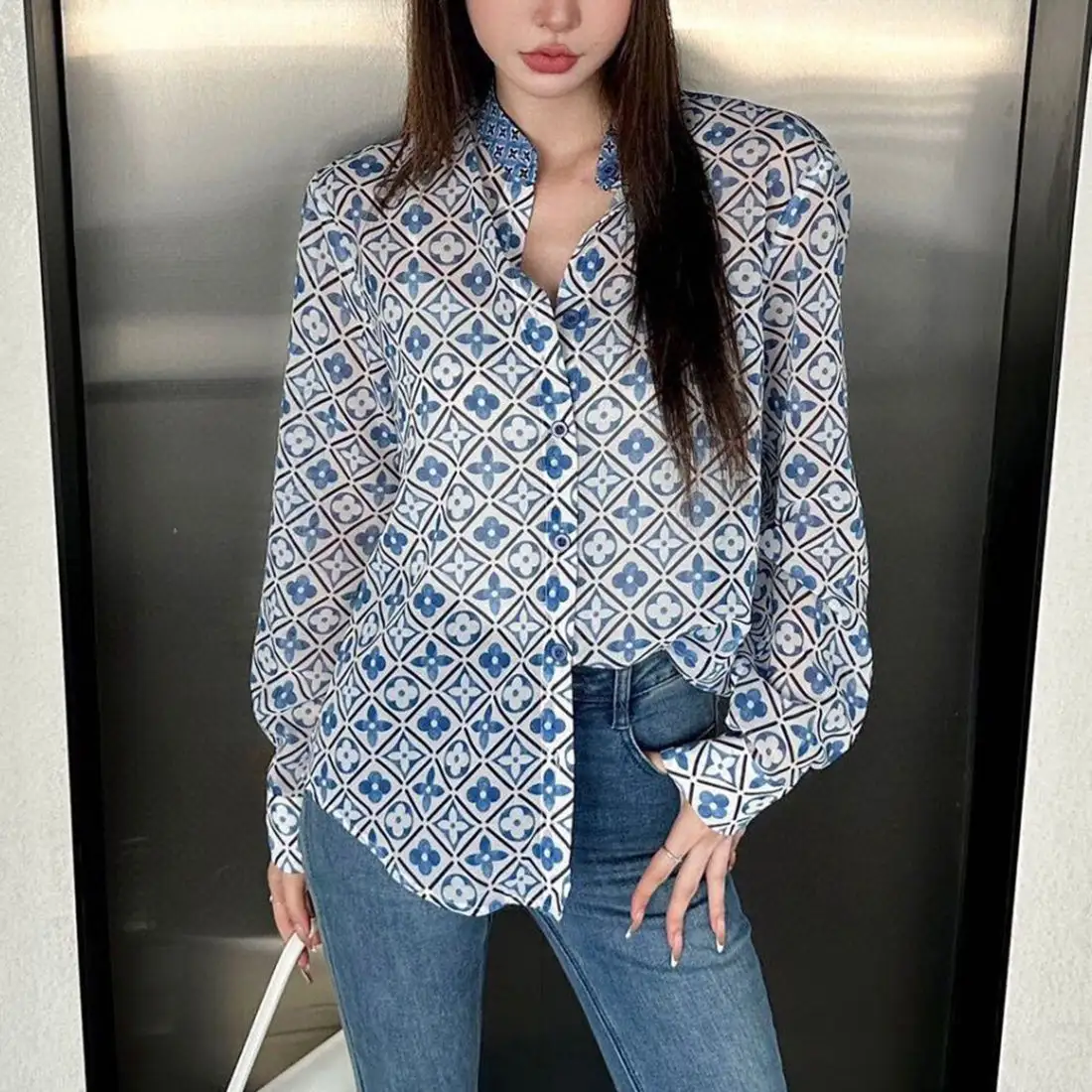 Fashion classic print new stand collar shirt