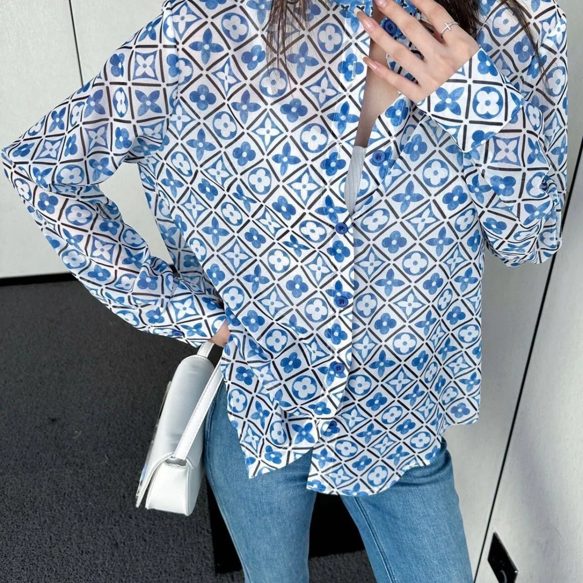 Fashion classic print new stand collar shirt