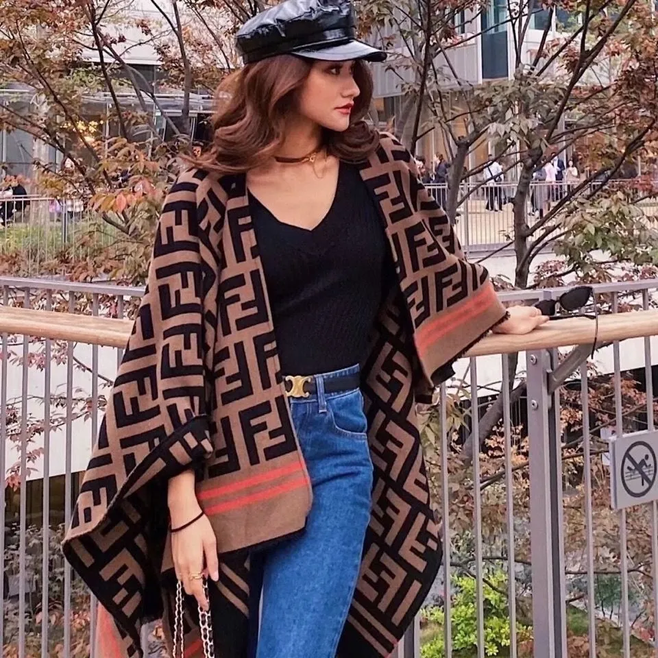 Brown F letter pure cashmere scarf