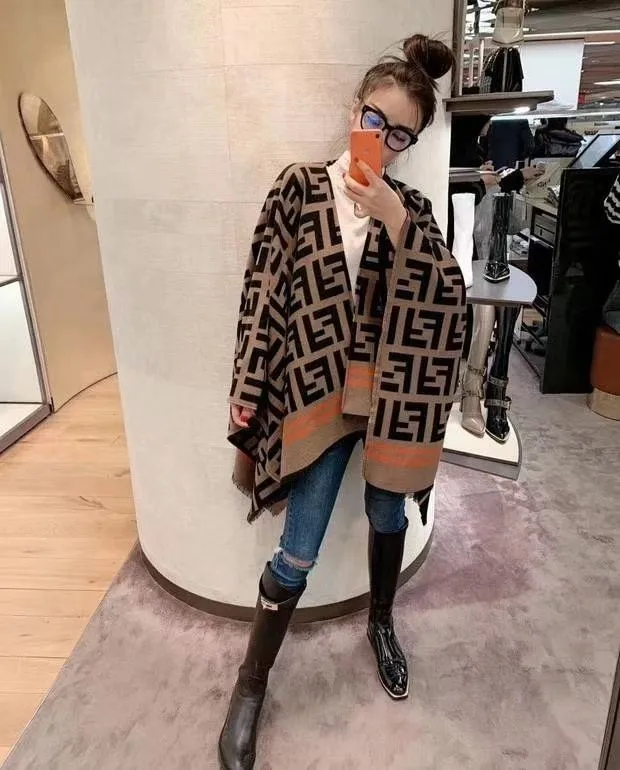 Brown F letter pure cashmere scarf